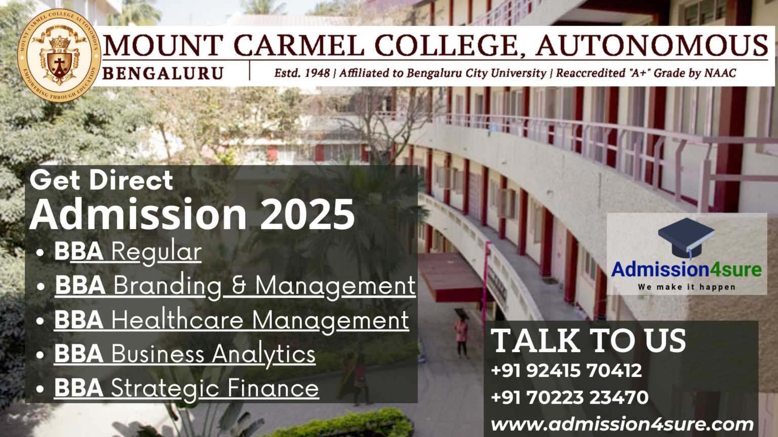get direct admission in bBA under management quota at mount carmel ...